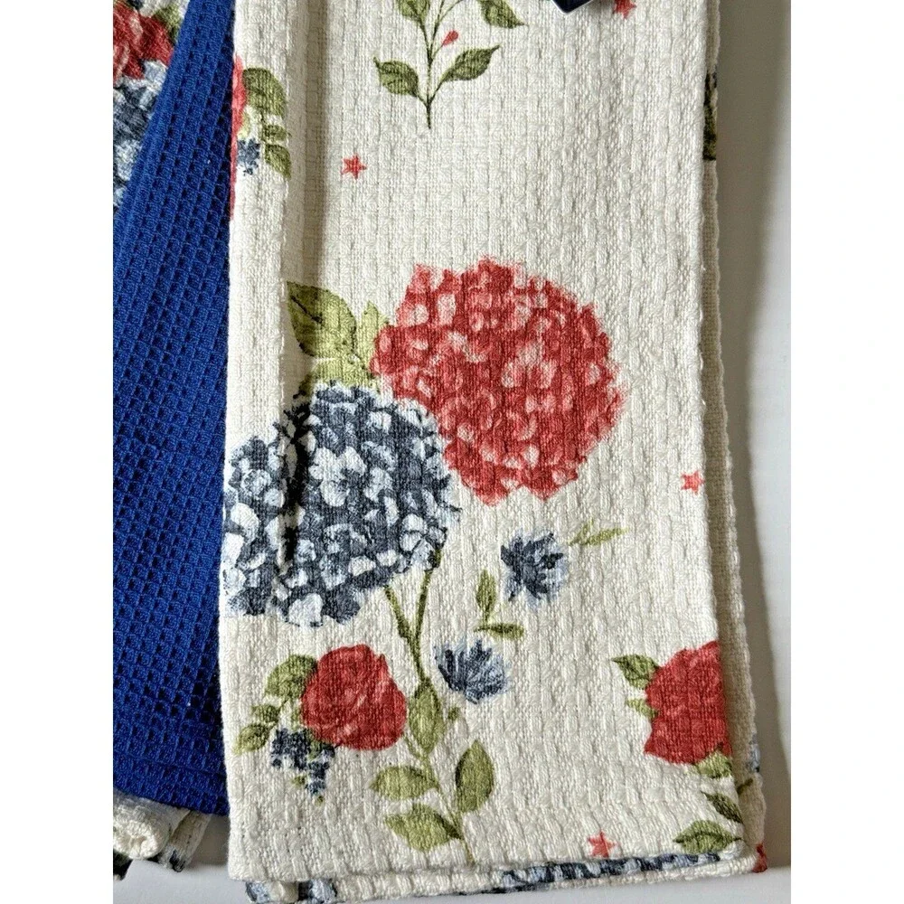 Tommy Bahama Kitchen Towels Hydrangea Cotton 18X28 Set of 3 Red White Blue